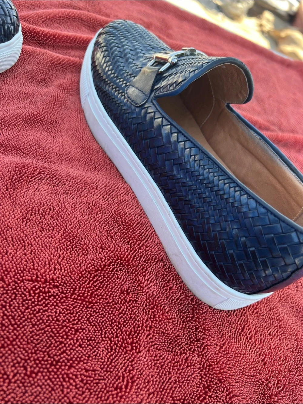 Men's Boardwalk Woven Calfskin Leather Bit Buckle Slip On Sneakers 8 Men’s